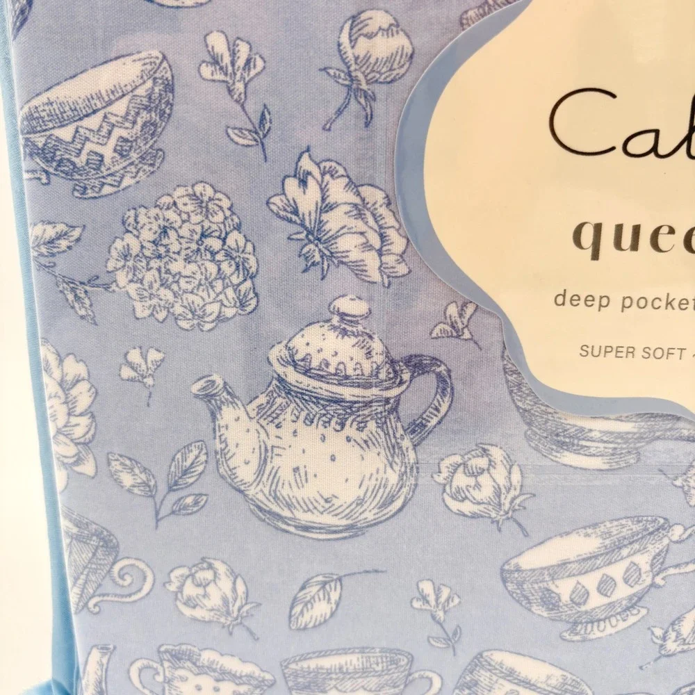 Calista Lane Queen Sheet Set 6pc Tea Rose Garden Blue Floral Toile Deep Pocket